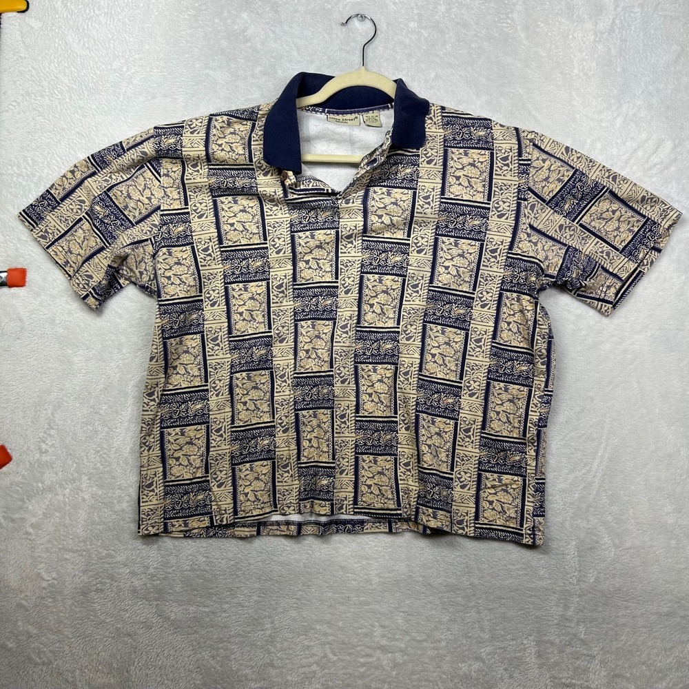 Cooke Street Honolulu Hawaiian Polo Shirt Men's Blue Beige Floral Beach - Large